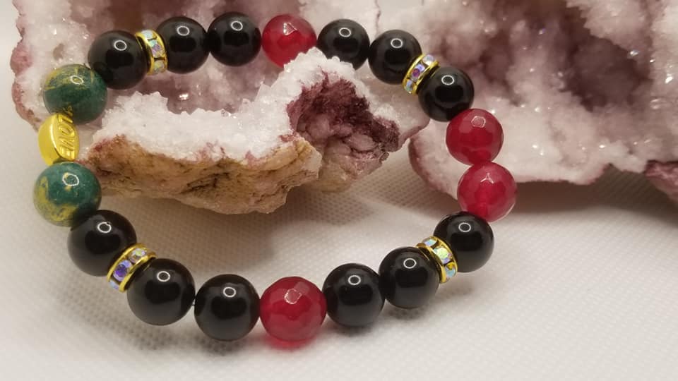 Obsidian and Ruby Jade Bracelet